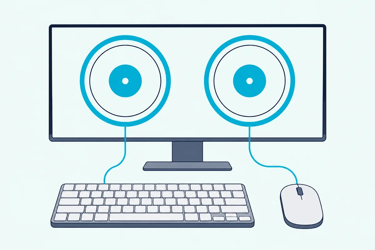 Mouse and keyboard linked by teal lines to two round decks on a monitor