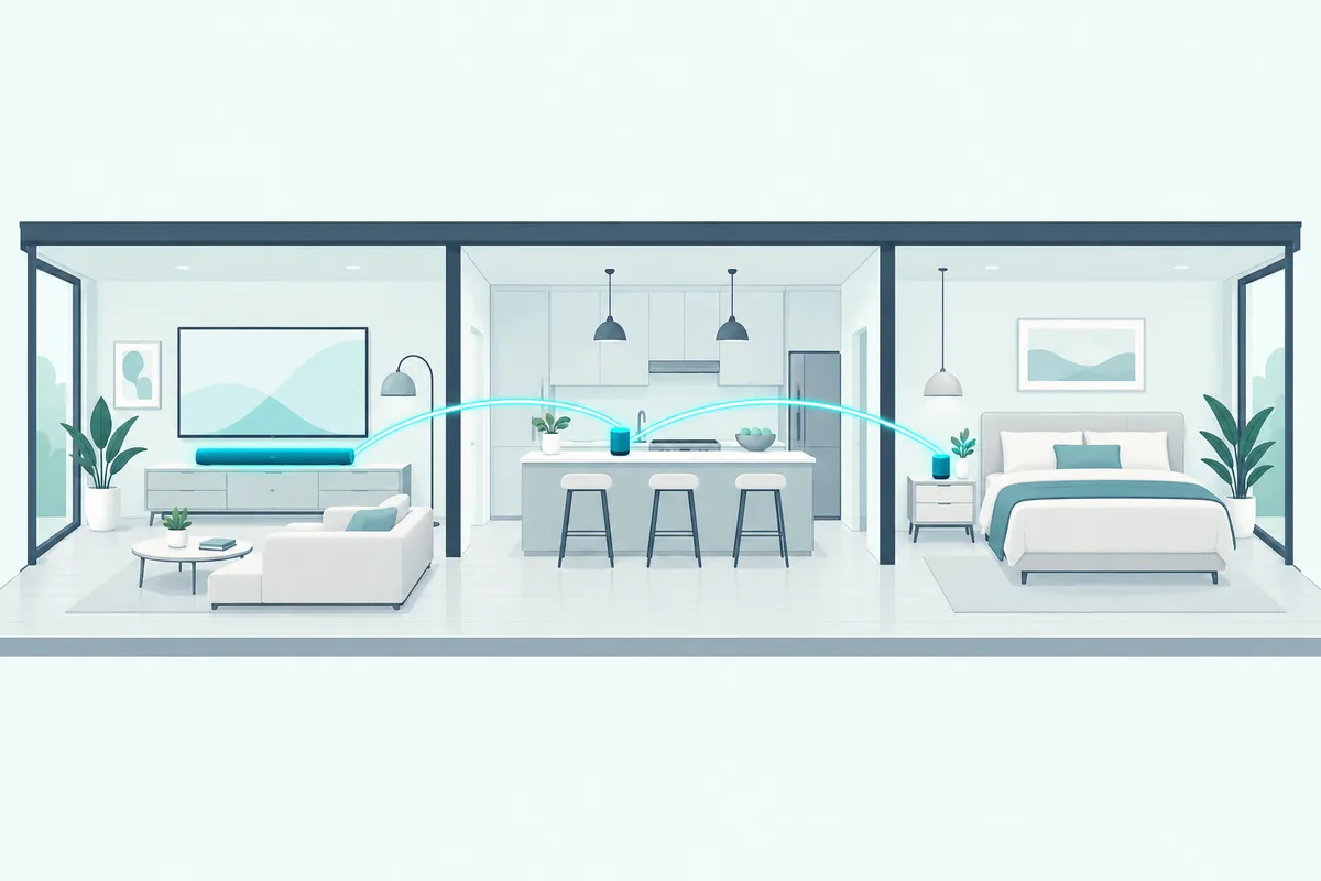 Soundbar and smart speakers in three rooms linked as one multi-room music group