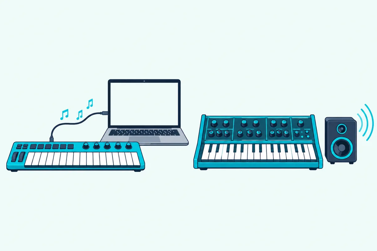 MIDI keyboard sending notes to a laptop beside a synthesizer with sound arcs coming from its speaker