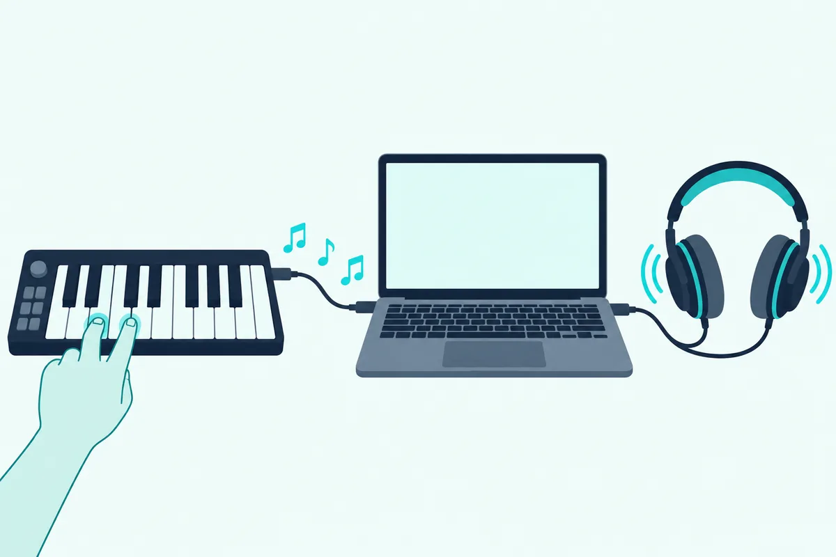 Teal musical notes travelling along a USB cable from a keyboard to a laptop, with sound arcs from headphones