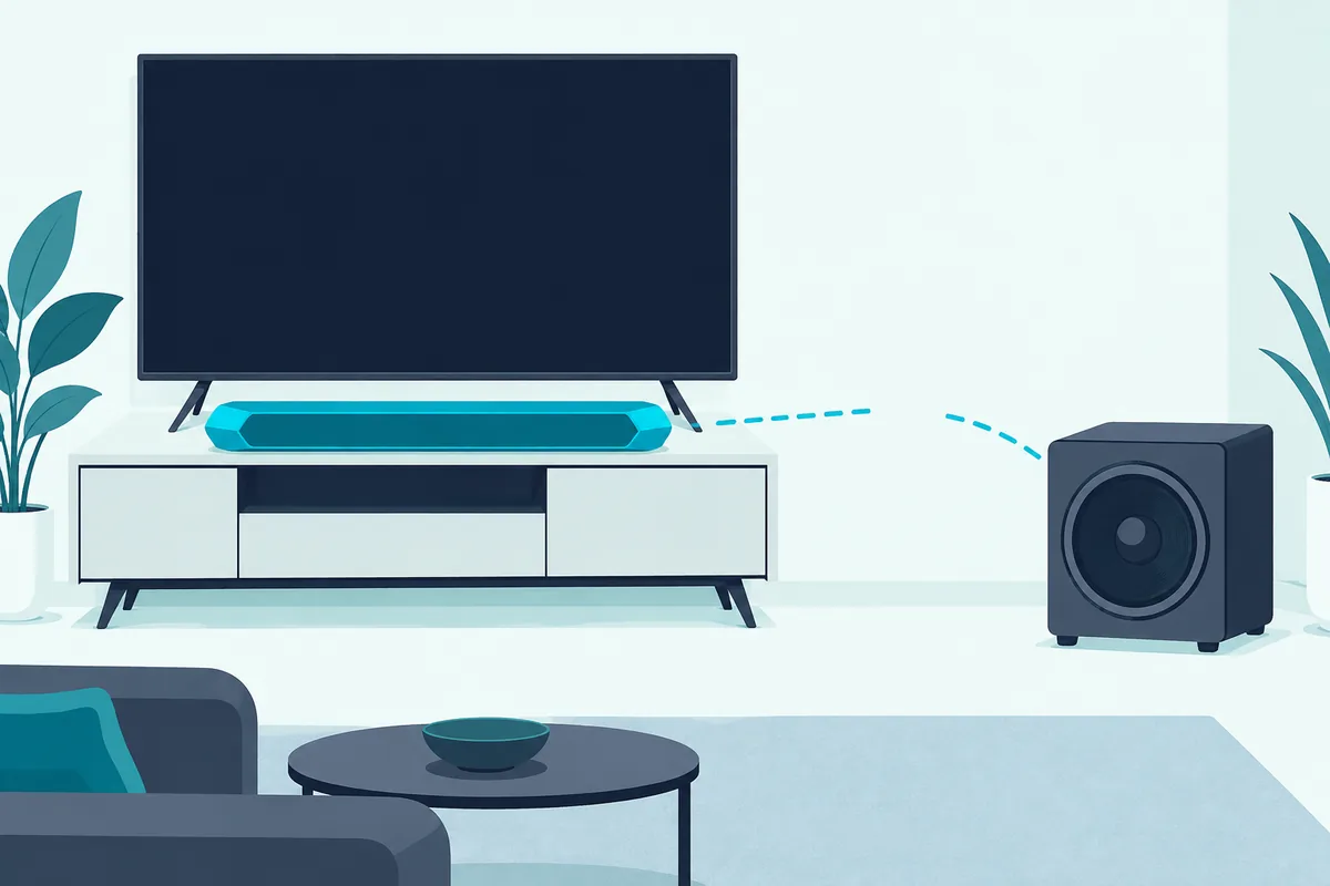Older soundbar subwoofer beside a new soundbar of a different model, with a broken wireless link between them