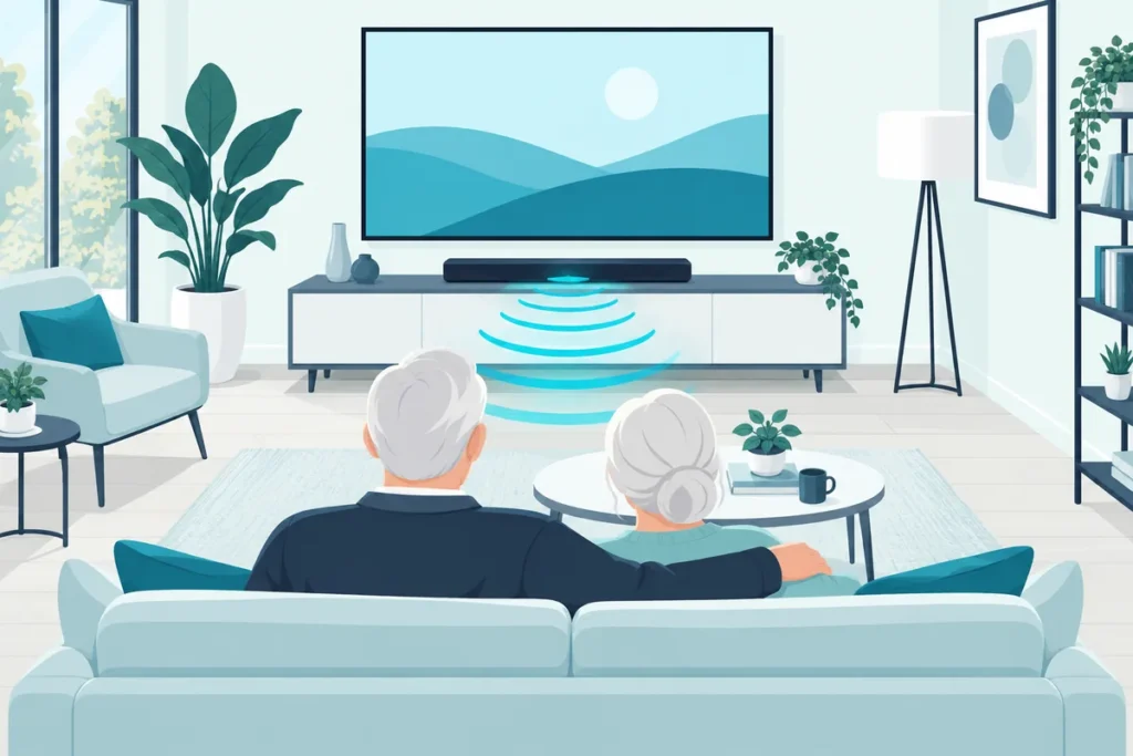 Older couple on a sofa watching TV with a soundbar sending clear voices toward them