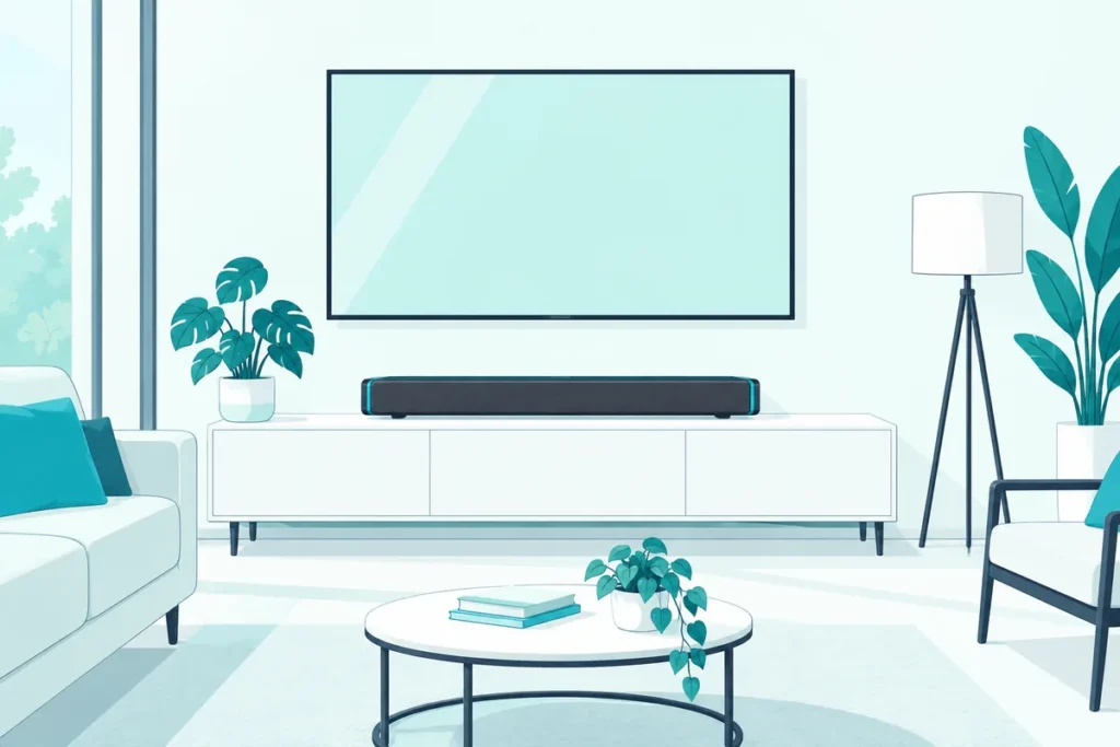 Soundbar sitting in the open on a TV console with room to breathe, the setup that helps a soundbar last