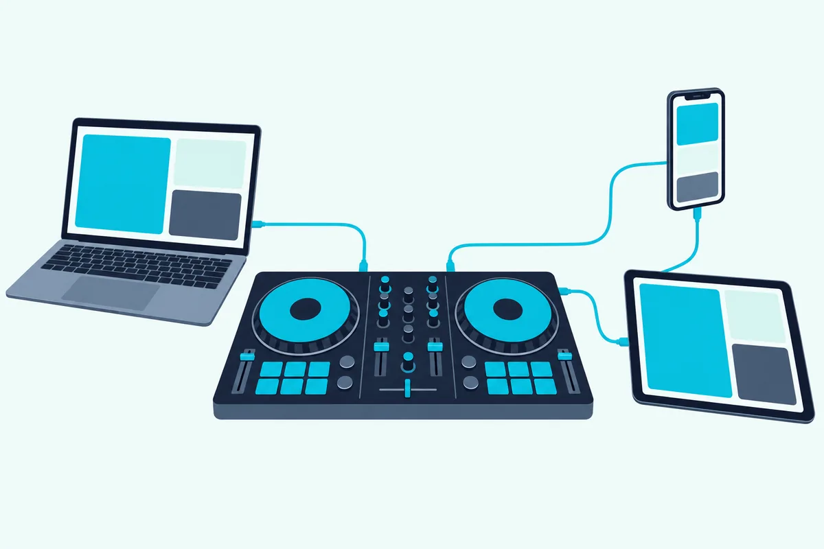 One DJ controller linked to a laptop, a tablet and a smartphone by thin teal lines
