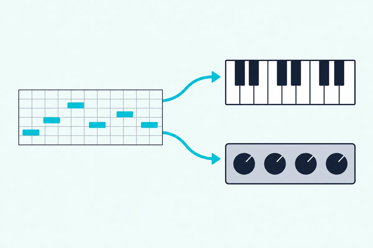 One row of note blocks with arrows leading to a strip of piano keys and to a panel of synth knobs
