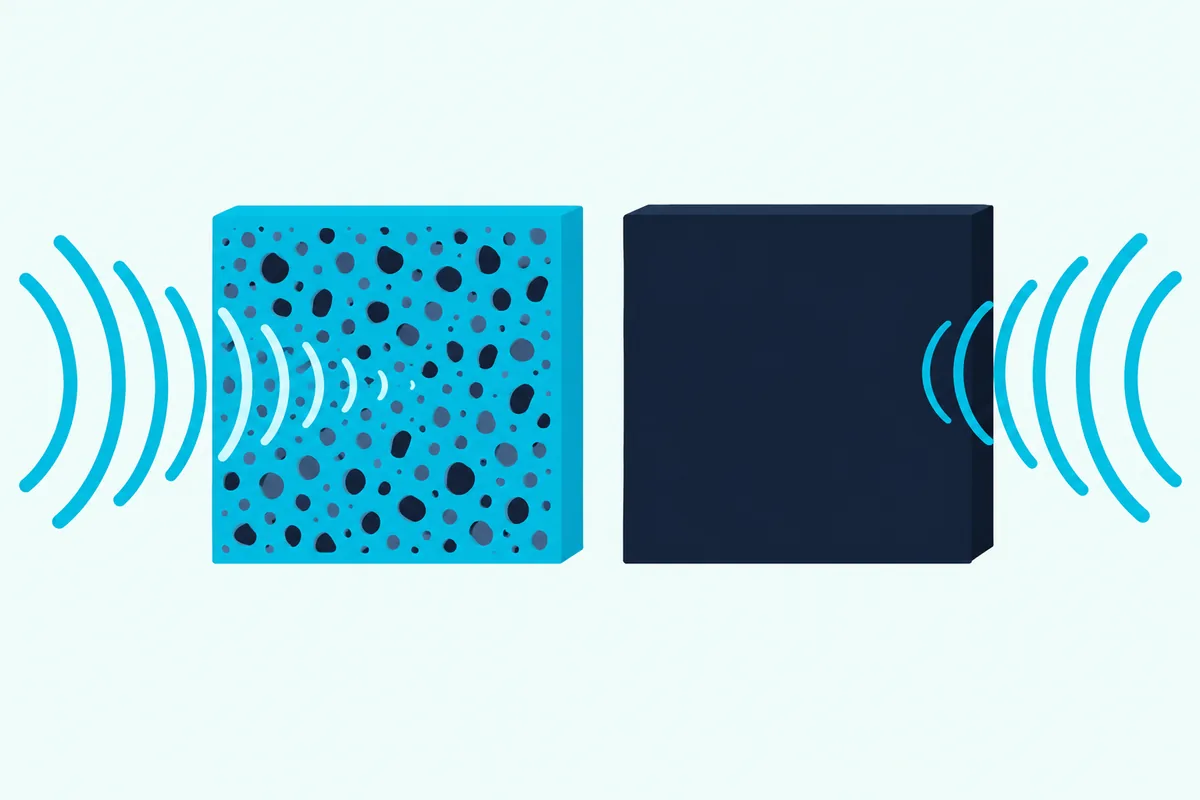 Open foam block absorbing sound arcs beside a dense foam block reflecting them