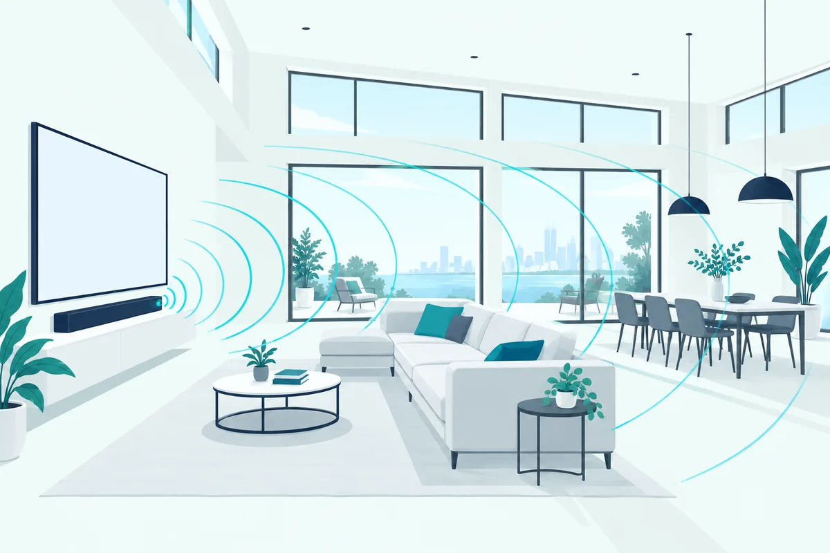 Wide soundbar under a big TV filling a large open-plan room with sound