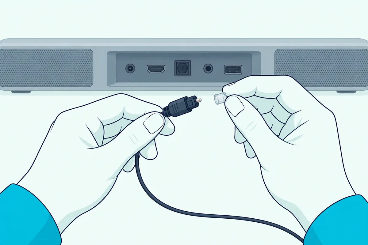 Hands removing the clear protective cap from an optical cable's plug before connecting a soundbar