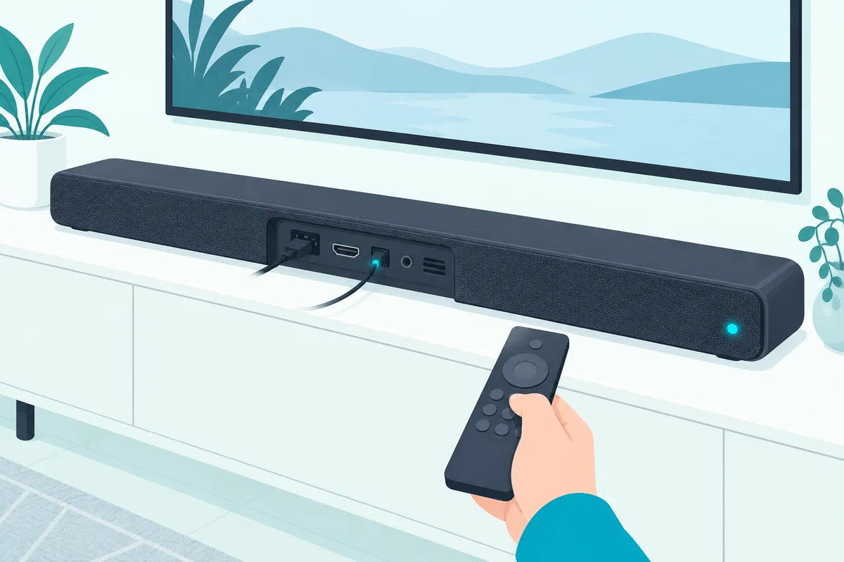 Optical cable plugged into the back of a soundbar, with a remote pointed at the bar's front sensor