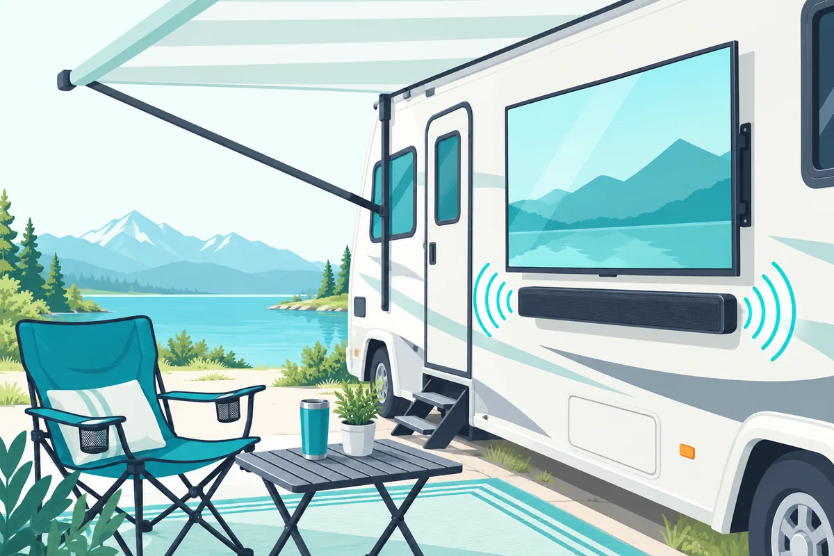 Outdoor soundbar mounted under a TV on the side of an RV, the kind of setup Furrion's soundbars are built for
