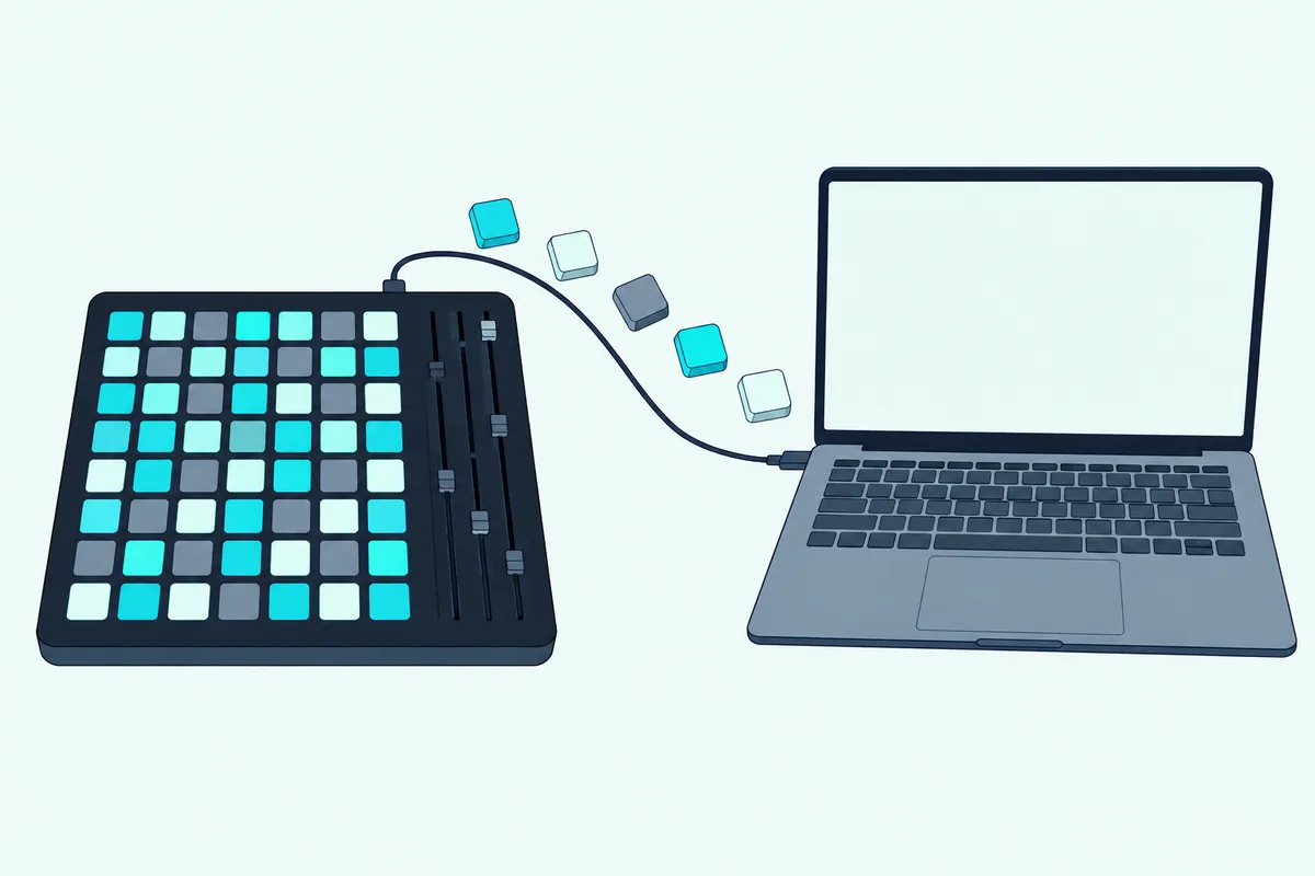 MIDI pad grid sending blank keyboard keys along a cable into an open laptop
