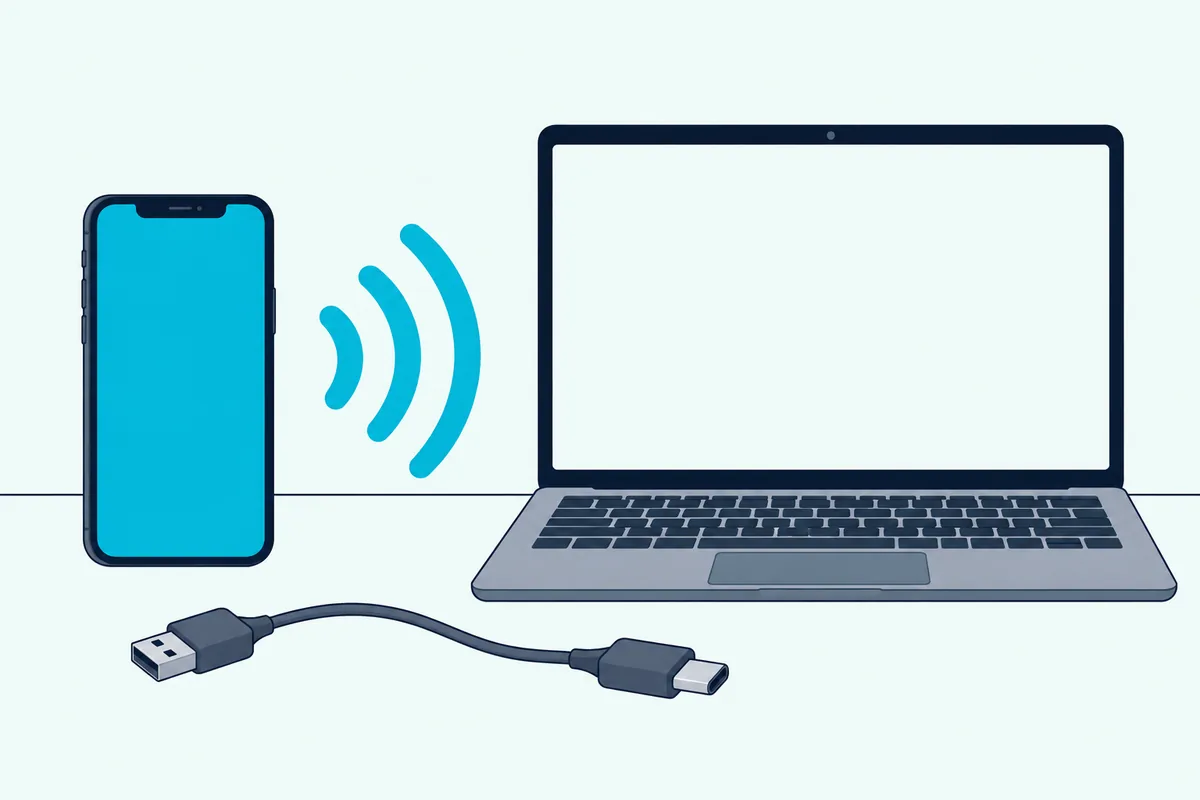 Smartphone and laptop linked by teal wireless arcs with a USB cable lying in front