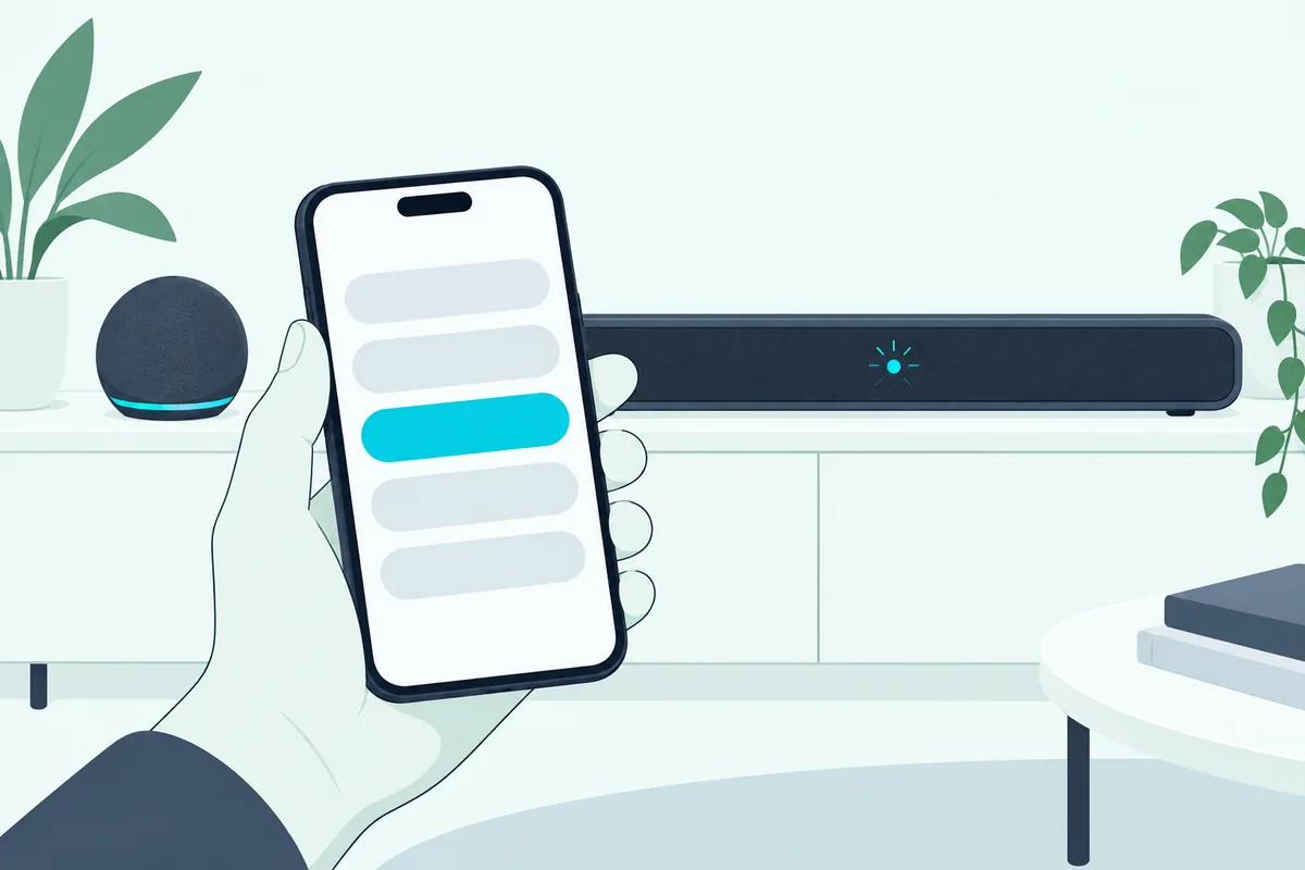 Phone app pairing a smart speaker with a soundbar whose Bluetooth light is blinking