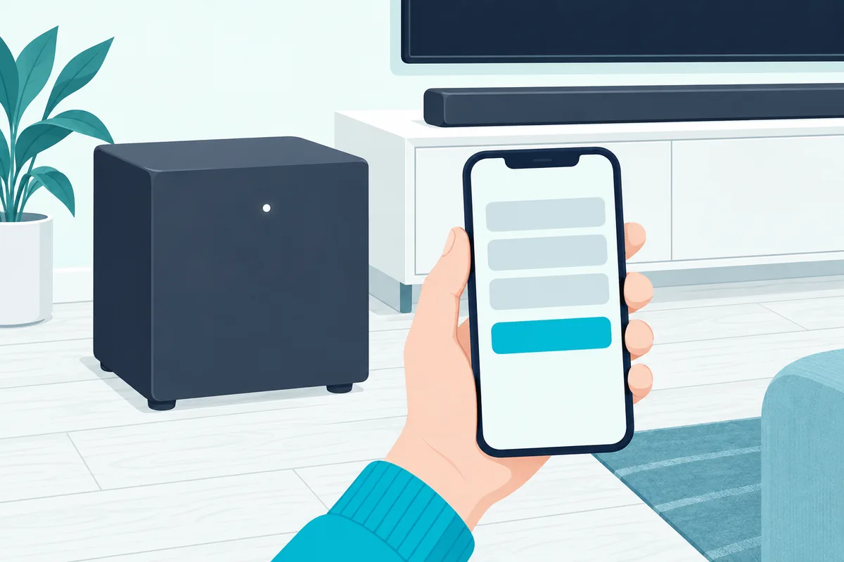 Phone showing a settings screen in front of a wireless subwoofer, pairing it to the soundbar through the app