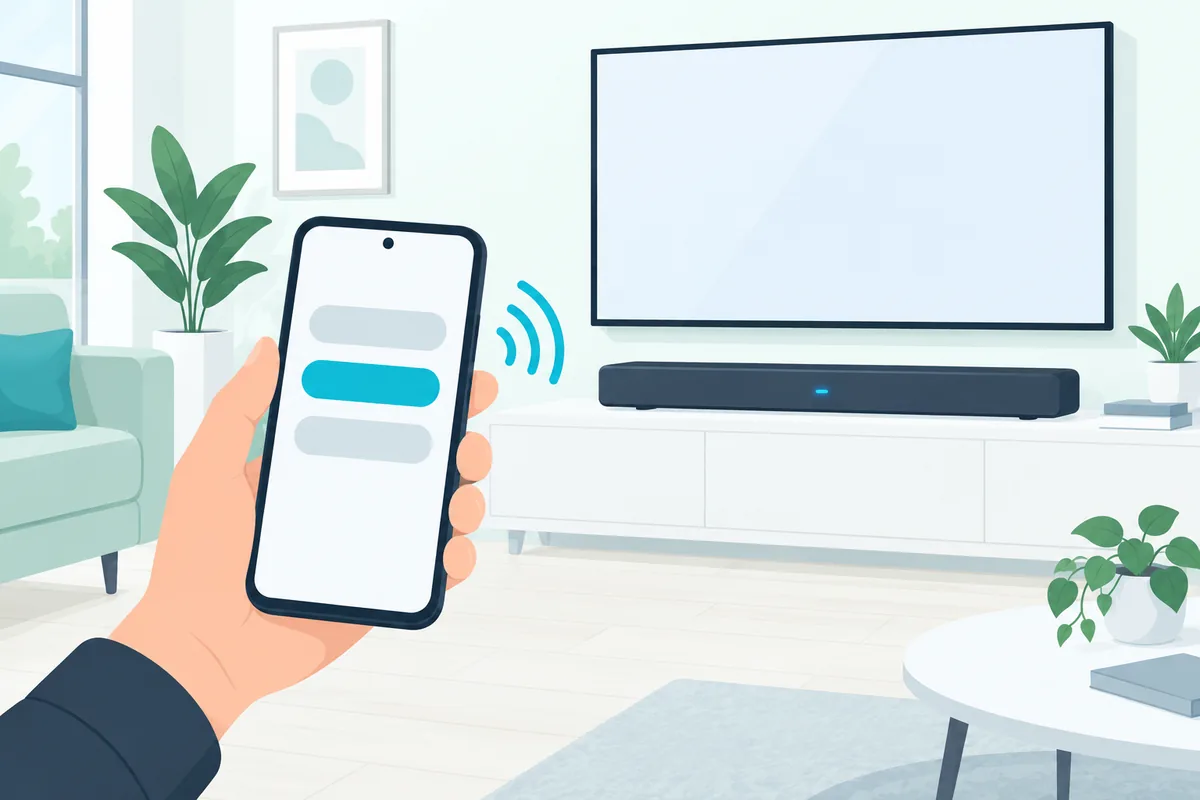 Phone's Bluetooth device list with the soundbar highlighted while the bar's pairing light blinks