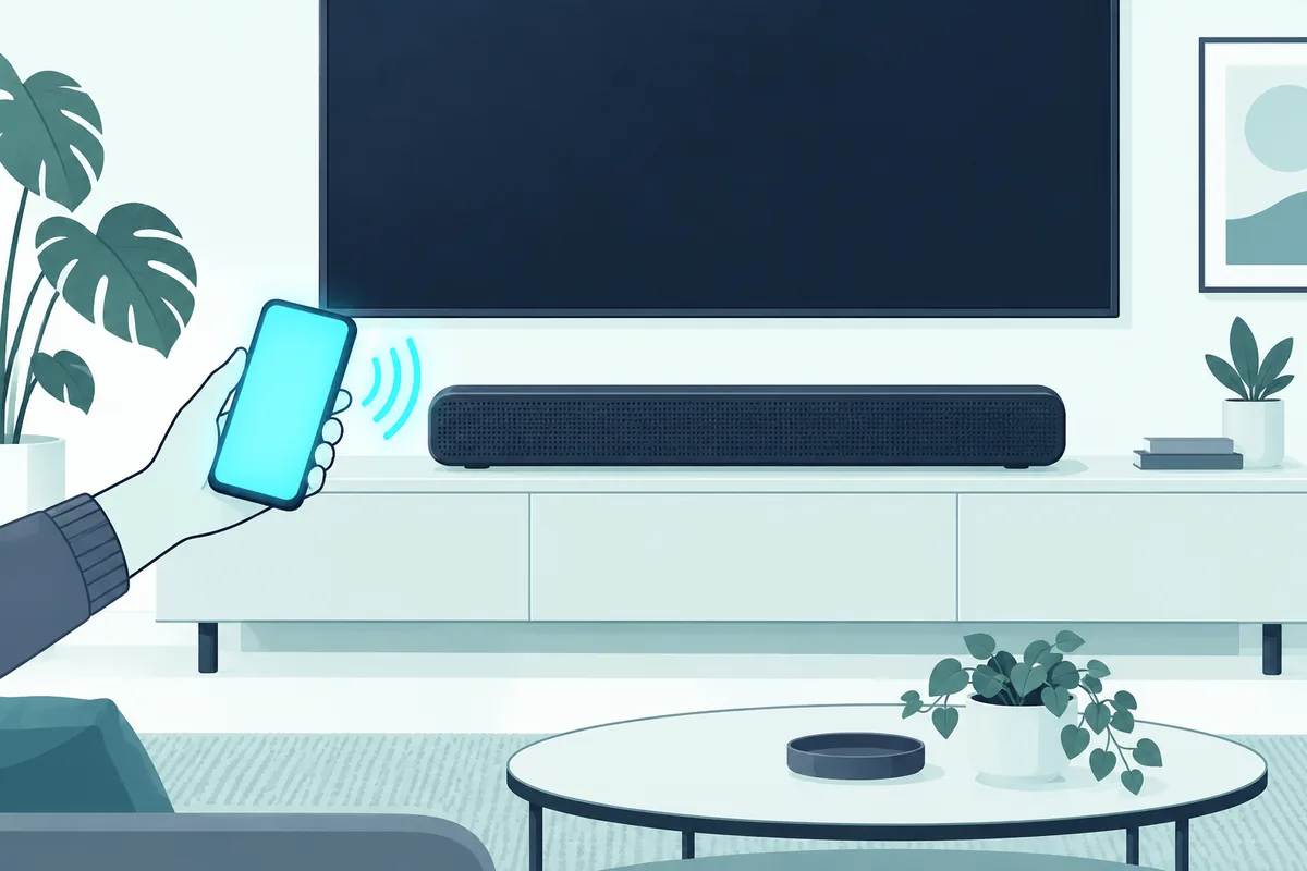 Phone held close to a soundbar while pairing over Bluetooth