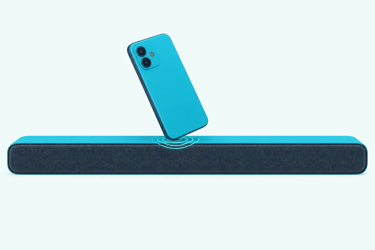 Phone gently tapped against the top of a soundbar to connect it with Tap Sound