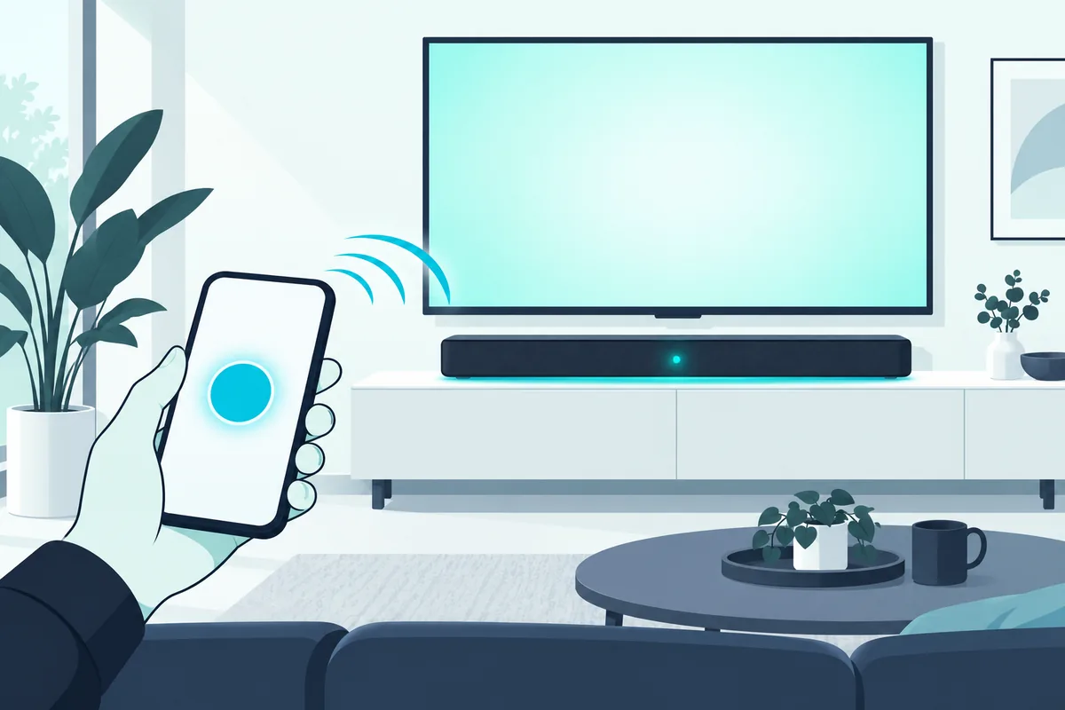 Phone sending a wireless signal to turn on a soundbar under a TV