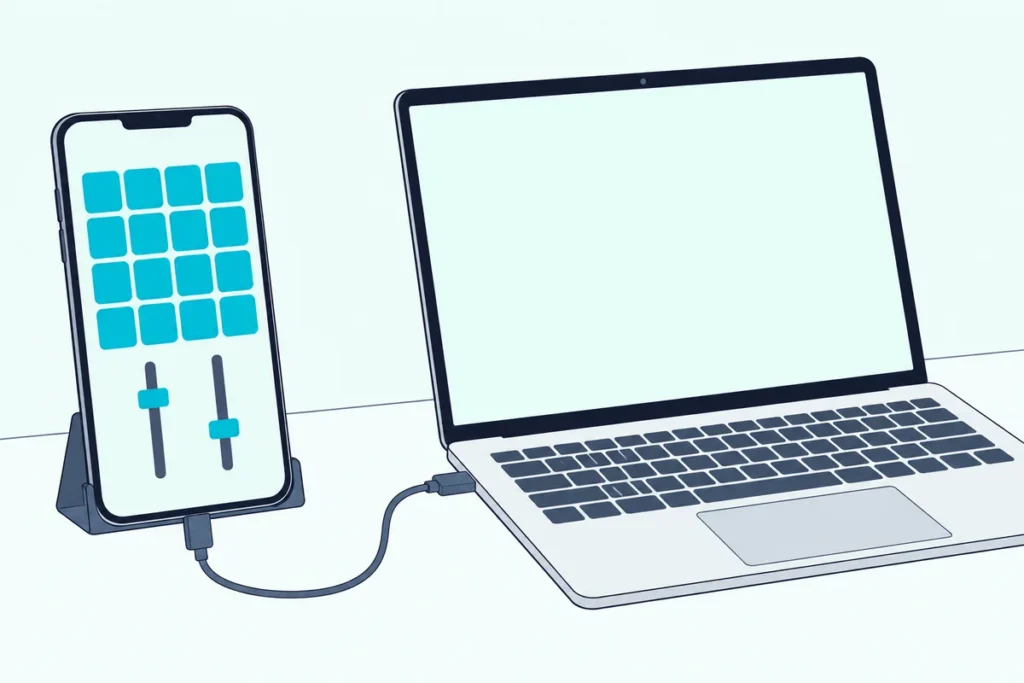 Smartphone showing a grid of pads and faders connected by a USB cable to an open laptop