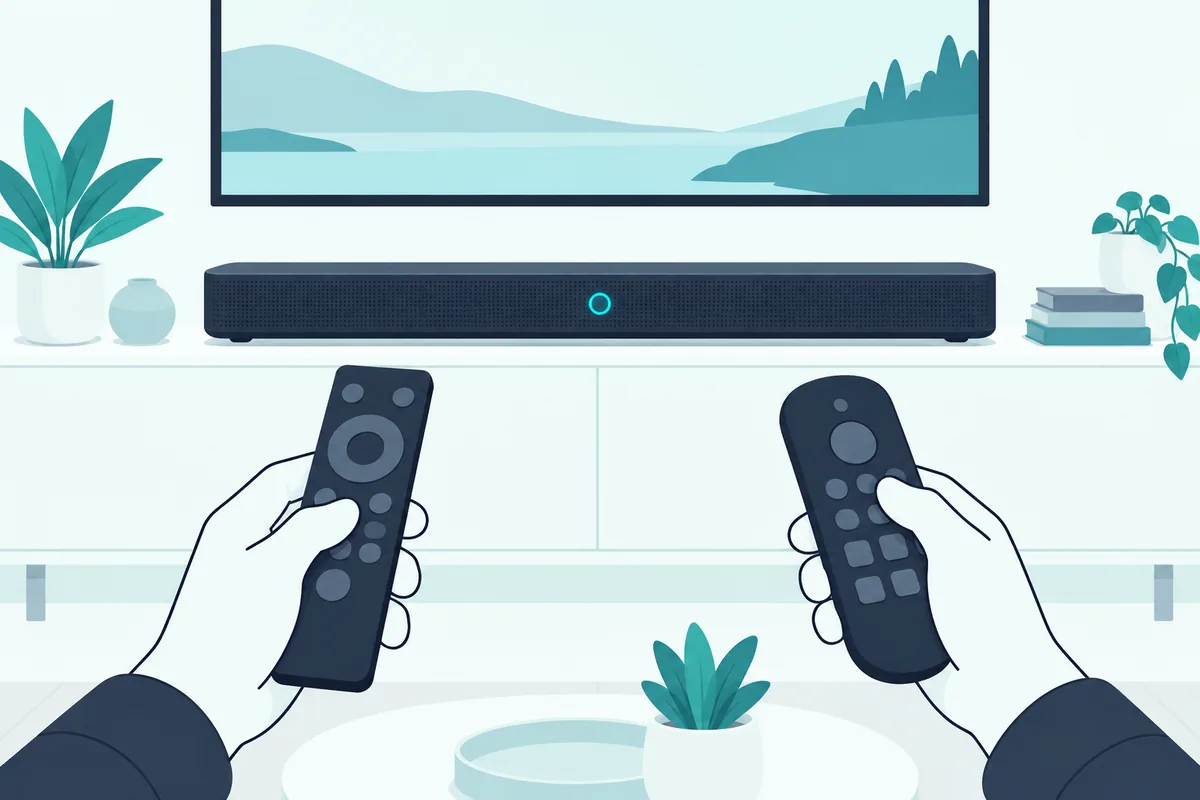 Two remotes held about two feet from a soundbar's front panel while it learns the TV remote's buttons