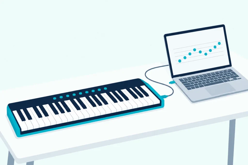 Portable keyboard cabled to a laptop showing a row of notes on screen