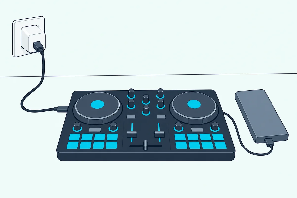 Wall power block and battery bank with cables running to a compact DJ controller