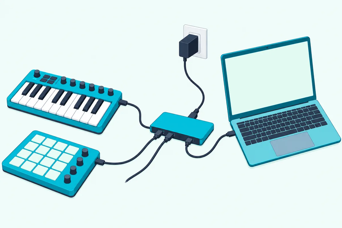 Powered USB hub with a power block and two controller cables plugged in, linked to a laptop