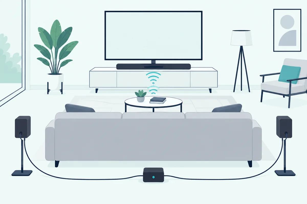 Two rear speakers wired to a small wireless receiver behind the sofa, which links to the soundbar