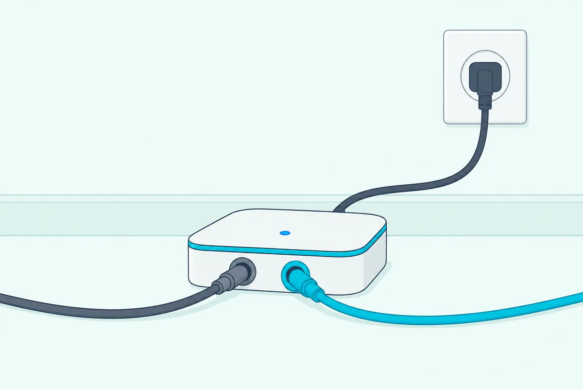 Small wireless receiver module with a gray and a blue speaker cable plugged in and its status light glowing blue