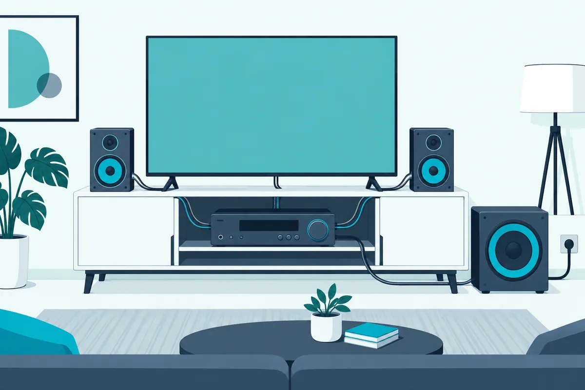 AV receiver on a TV stand wired to a powered subwoofer and two bookshelf speakers, adding bass without a soundbar