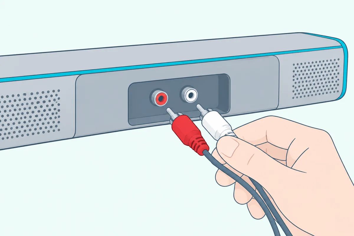 Red and white RCA plugs lined up with the red and white jacks on the back of a soundbar