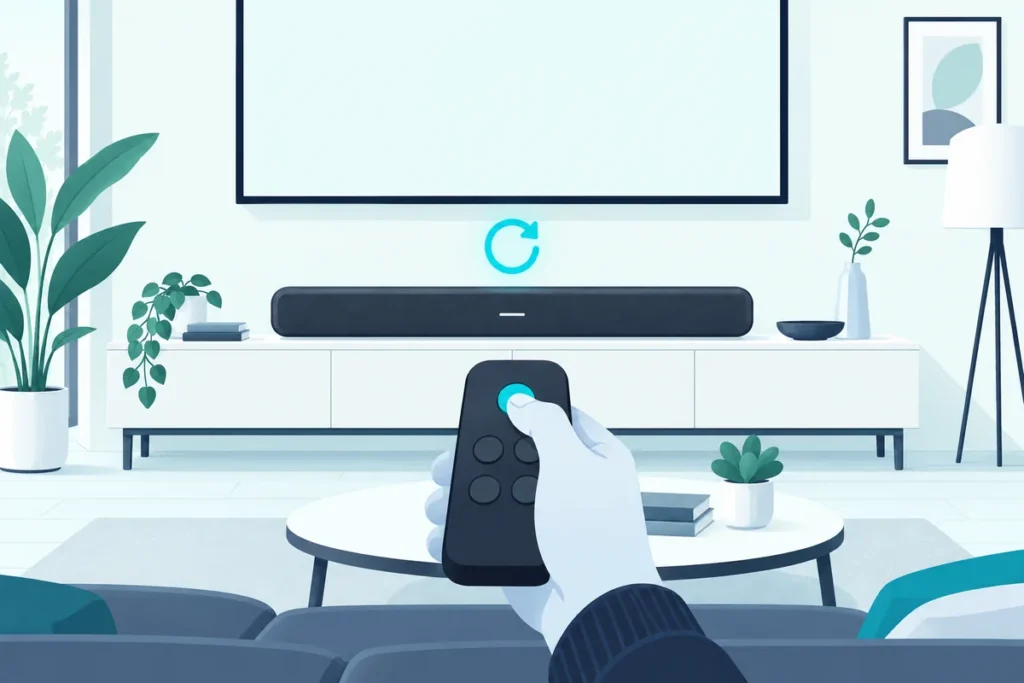Hand holding a button on a remote pointed at a soundbar to reset it, one way to reset a Bose soundbar