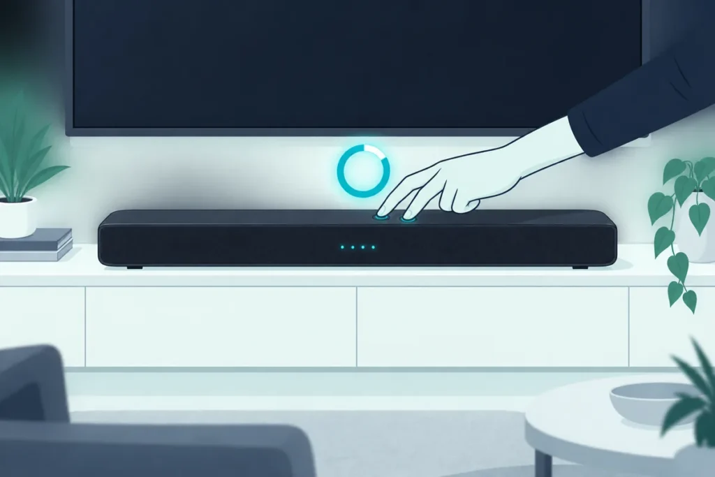 Hand holding down two buttons on top of a slim soundbar to reset it, the way you reset a Polk soundbar