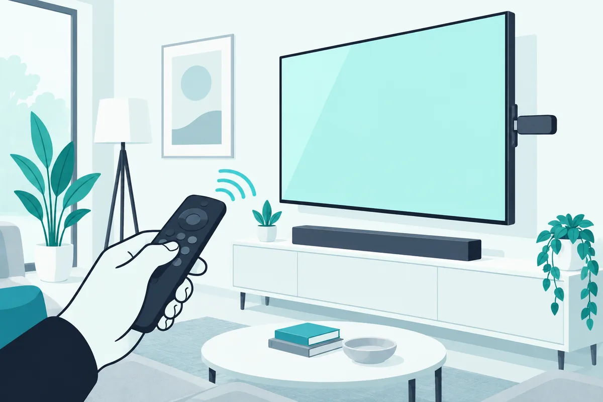 Streaming stick plugged into a TV's side port while a remote is pointed at the screen to set up TV control