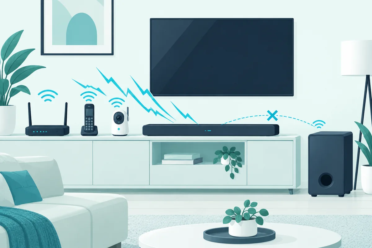 Wi-Fi router, cordless phone and baby monitor crowding a soundbar shelf and crossing its link to the subwoofer