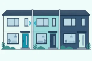 Row of three attached townhouses with sound arcs on either side of a shared wall