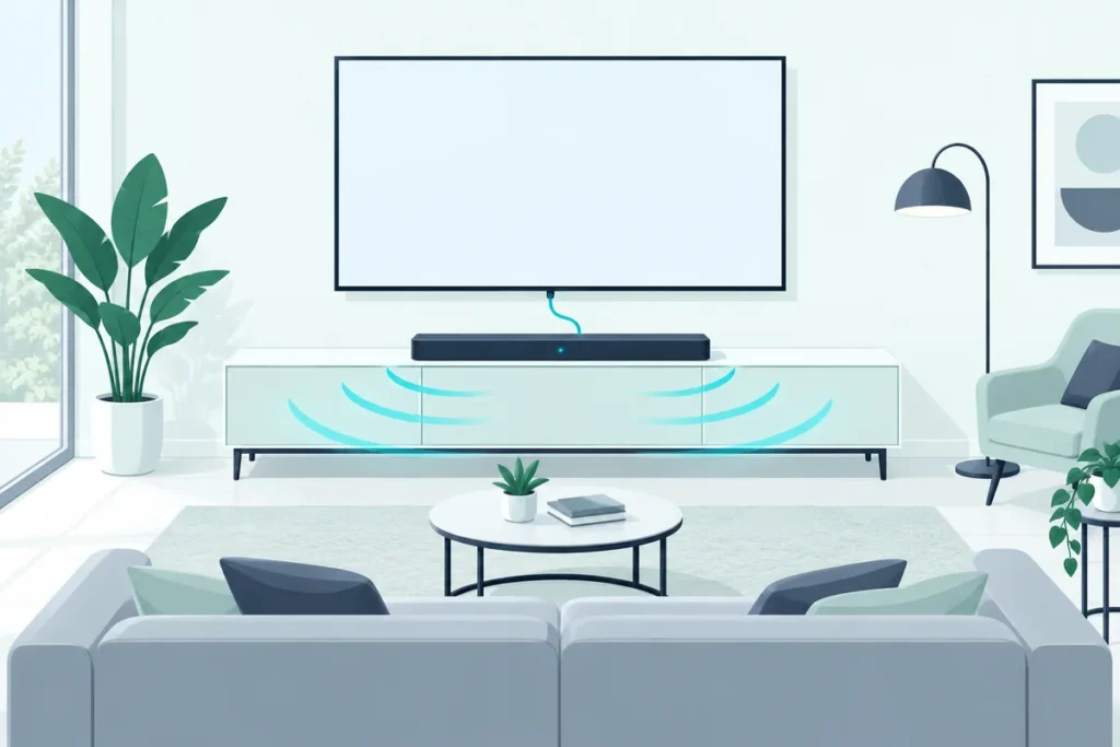 Soundbar below a TV linked by a single HDMI cable, the simplest way to connect a Samsung soundbar to a TV
