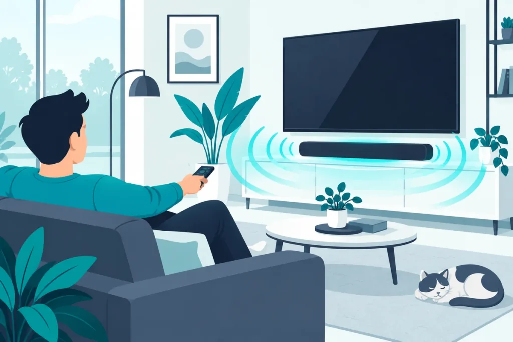 Person on a sofa adjusting soundbar settings with a remote, the setup for the best Samsung soundbar settings