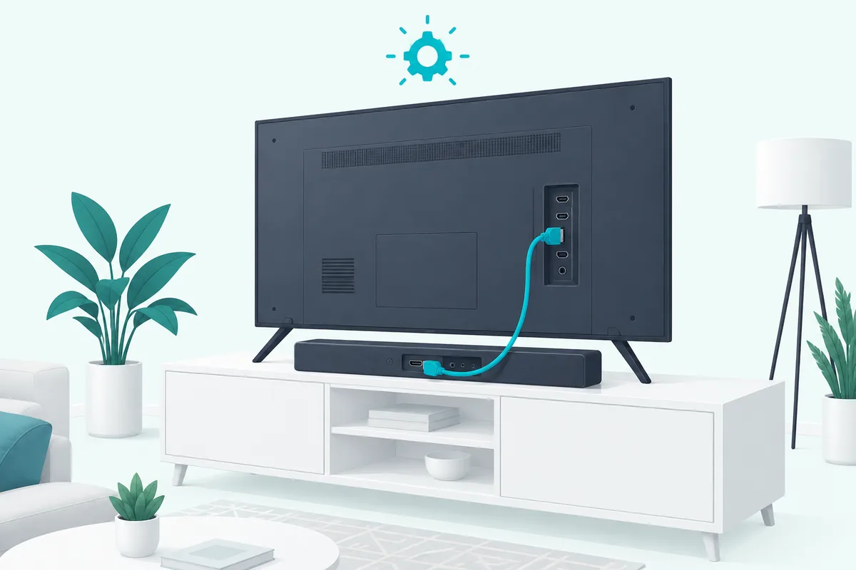 Soundbar connected to a thin-bezel TV by HDMI, the reverse pairing of a Samsung bar on an LG TV