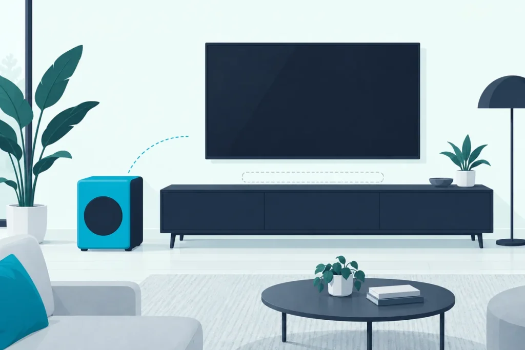 Wireless soundbar subwoofer standing alone beside a TV with no soundbar, the Samsung subwoofer without soundbar setup