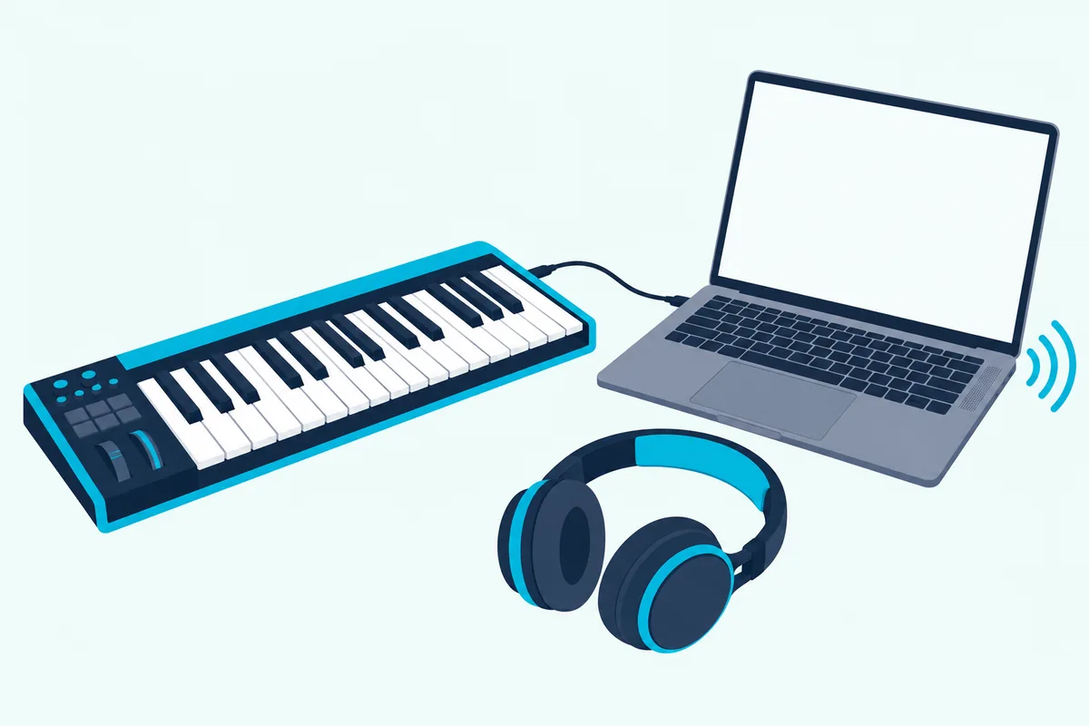 Silent MIDI keyboard cabled to a laptop, with sound waves coming only from the laptop