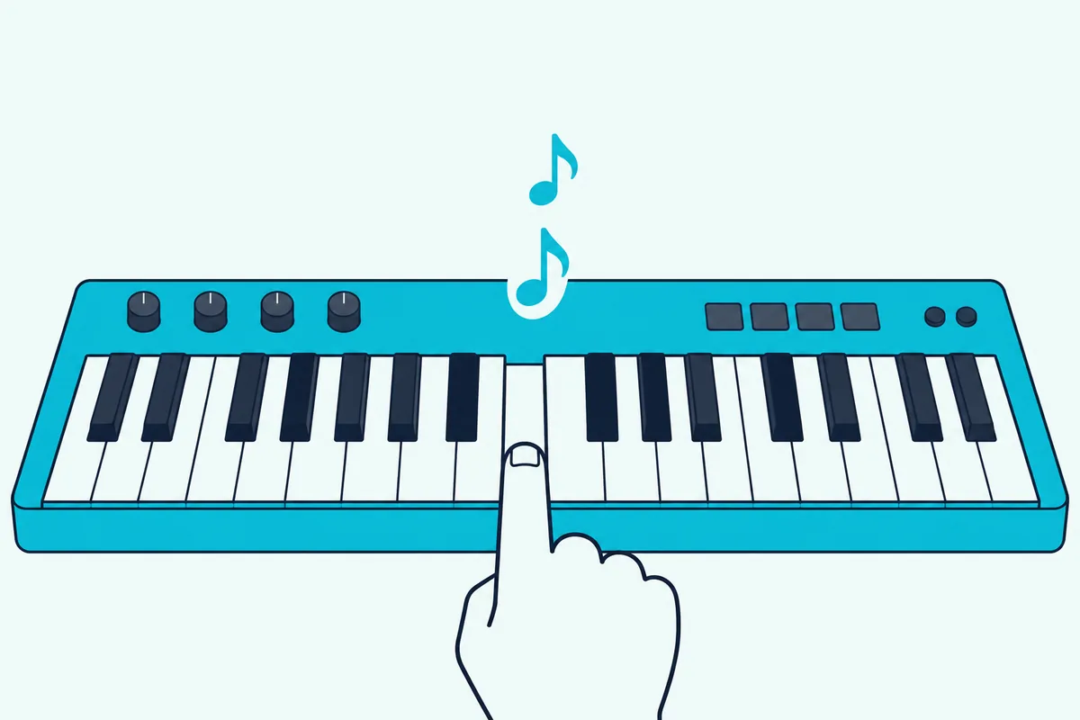 Single key pressed on a synthesizer with one teal note rising and an identical second note trailing it