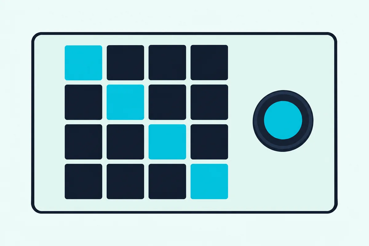 Sixteen square performance pads on a DJ controller with four of them lit in teal