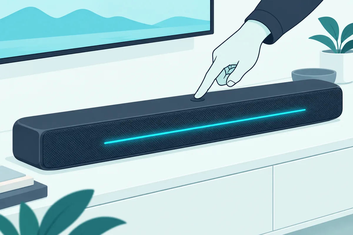 Finger holding the button on top of a smart soundbar while its light bar glows during a factory reset