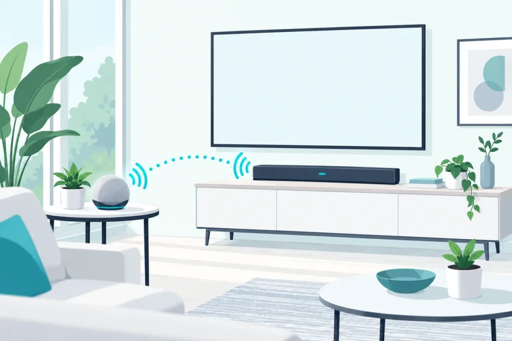 Small smart speaker on a side table linked wirelessly to a soundbar under the TV