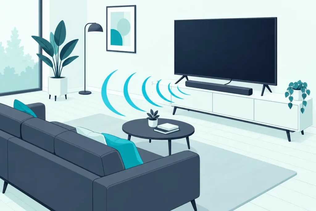Soundbar centered in front of a TV on a console, set up to play the TV's sound, like a Sony soundbar and TV