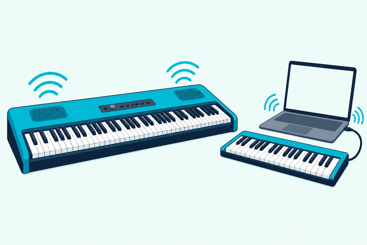 Digital piano making sound from its own speakers beside a MIDI keyboard whose sound comes from a laptop
