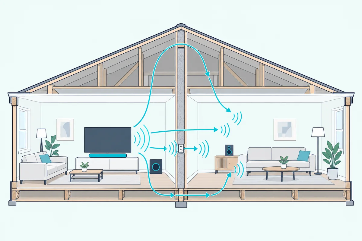 Cross-section of two townhouses with sound arcs crossing the shared wall, the attic, an outlet box and a floor joist