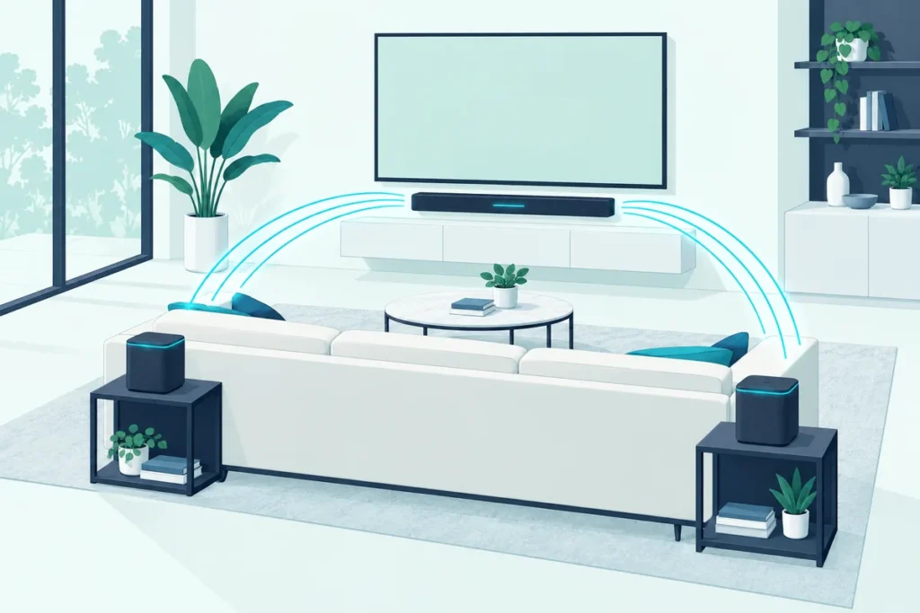 Slim soundbar under a TV with two small rear speakers behind the sofa, linked by soft wireless arcs