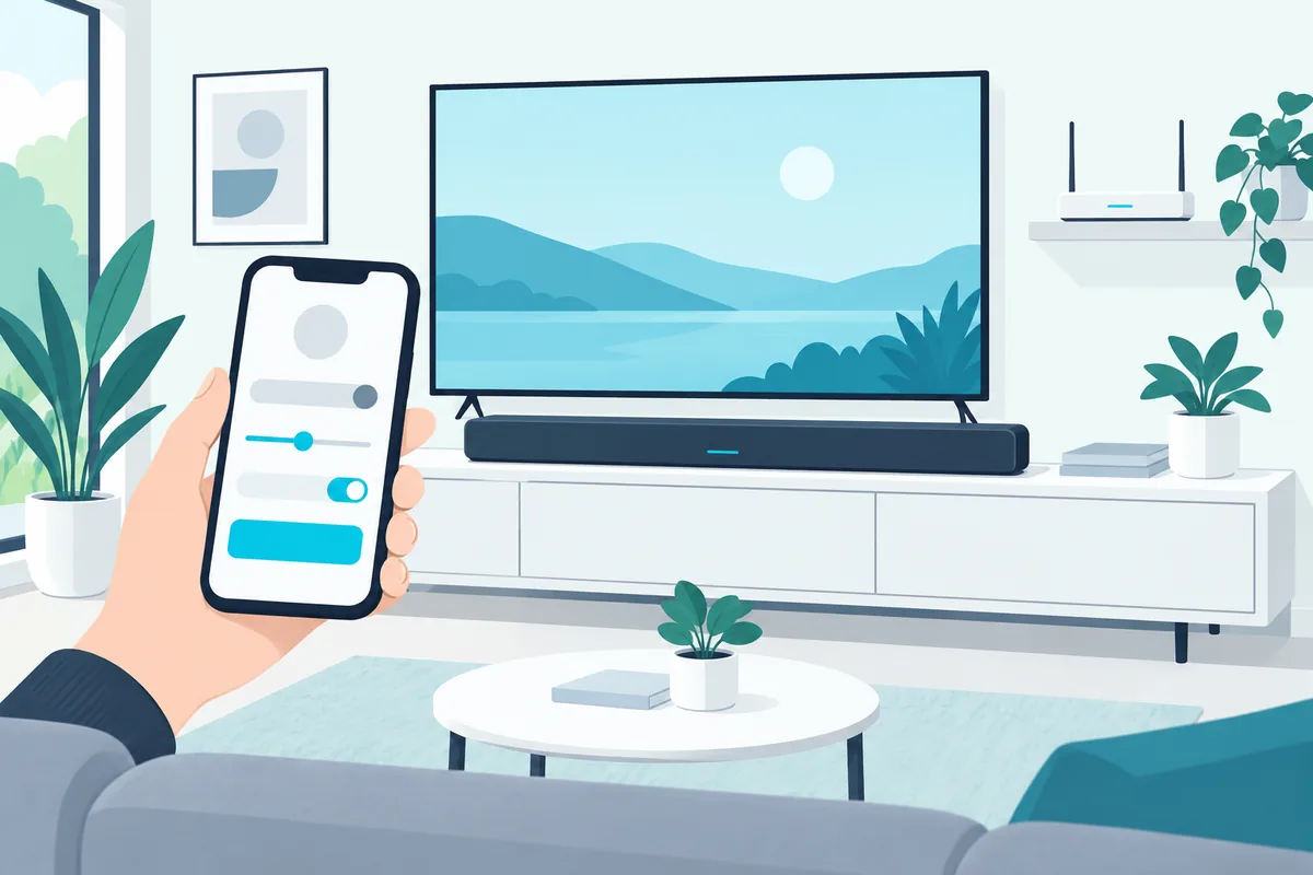 Phone showing an app's update screen next to a soundbar connected to home Wi-Fi